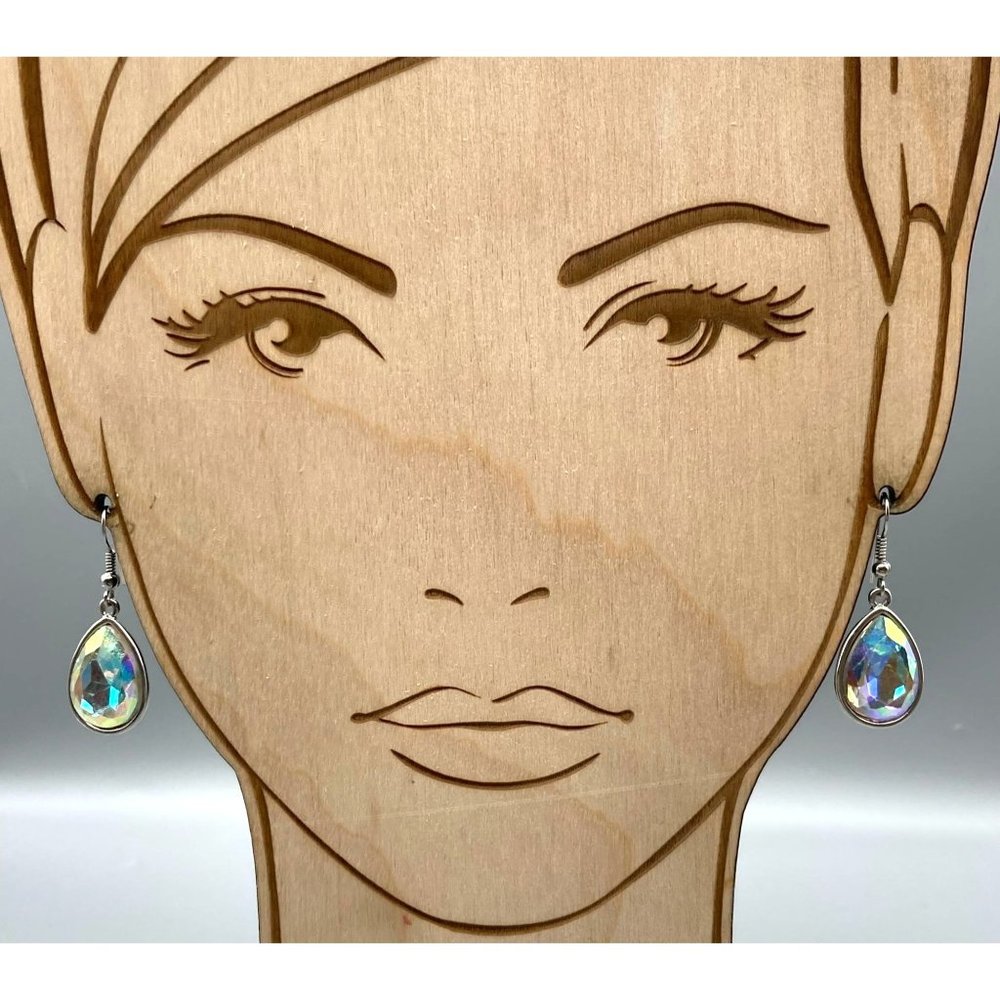 Bold Bright Teardrop Dangle Earrings, Faceted Crystal in Silver Tone Drop, Spark